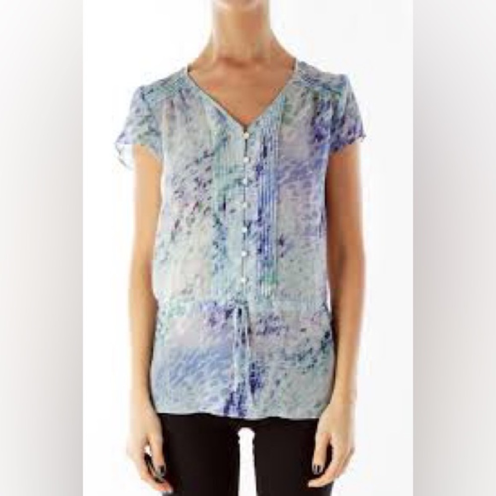 Banana Republic Cap Sleeve Sheer Floral Green Blue Blouse